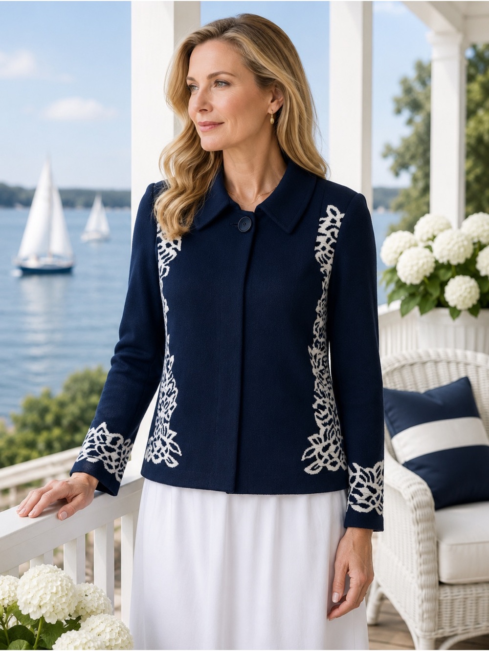 St. John Collection Knit Classic Navy Floral Knit-Trim Jacket – Size M (US 6)